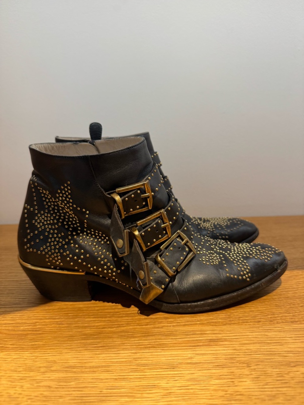 Chloe Black Leather Studded Triple-Buckle Booties with Gold Hardware